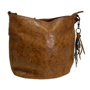The Sak Indio Brown Leather Boho Embossed Hobo Shoulder Bag Studded Tassel